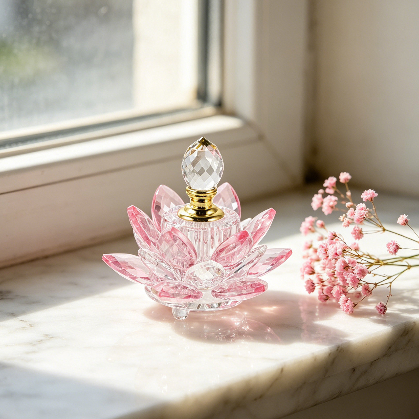 Perfume Fragrance Bottle - 詰め替え可能なクリスタル蓮の花の香水瓶、寝室の化粧台用のエレガントな空のガラス製フレグランスボトル、アロマセラピードロッパー